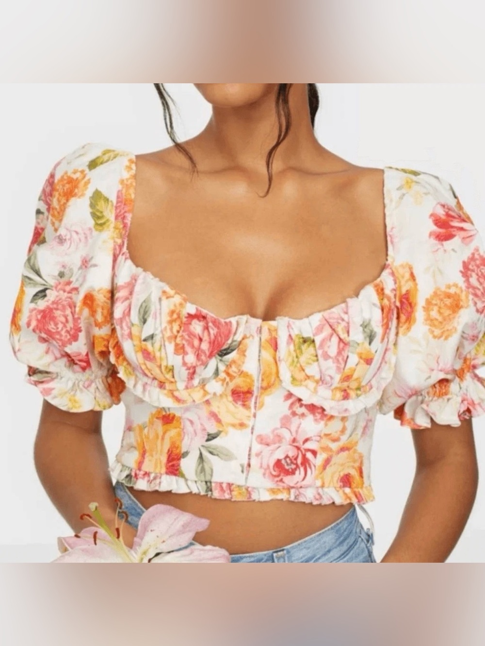 For Love & Lemons Peony Cropped Blouse in Coral Size Medium